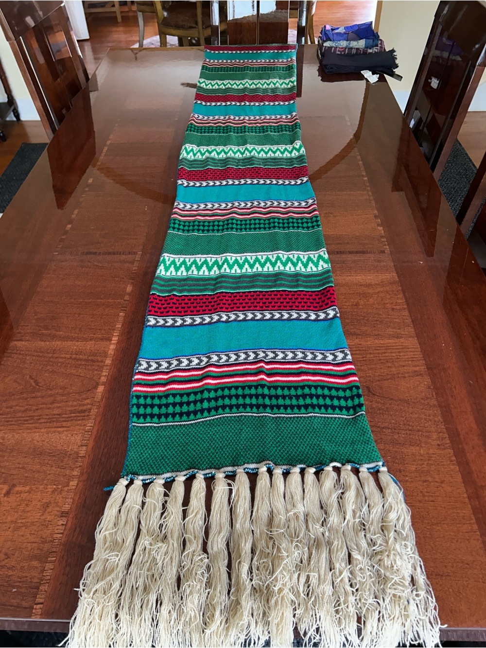 Striped Knit Fringe Scarf in Green, Turquoise & Red 14” x 77” probably wool - Picture 2 of 8